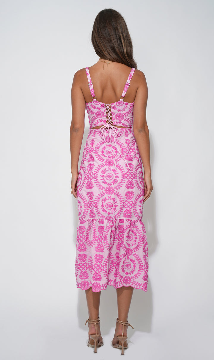 Raelynn Lace Up Tie Back Embroidery Dress