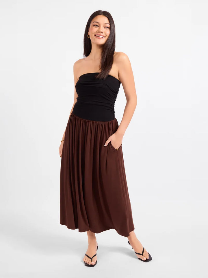 HOT COFFEE STRAPLESS MIDI DRESS