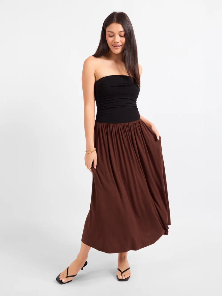 HOT COFFEE STRAPLESS MIDI DRESS