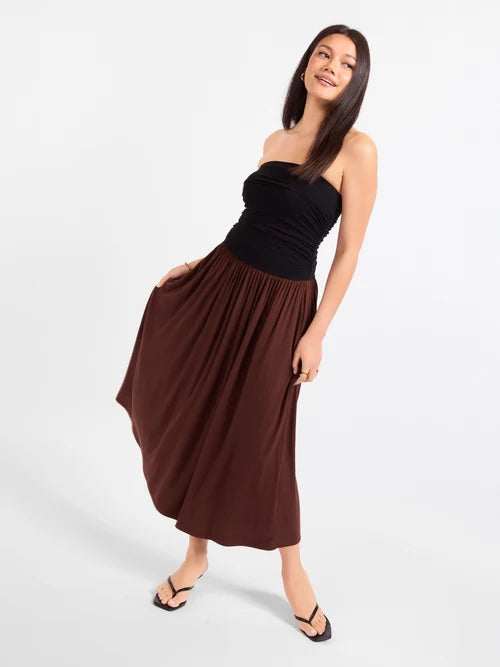 HOT COFFEE STRAPLESS MIDI DRESS