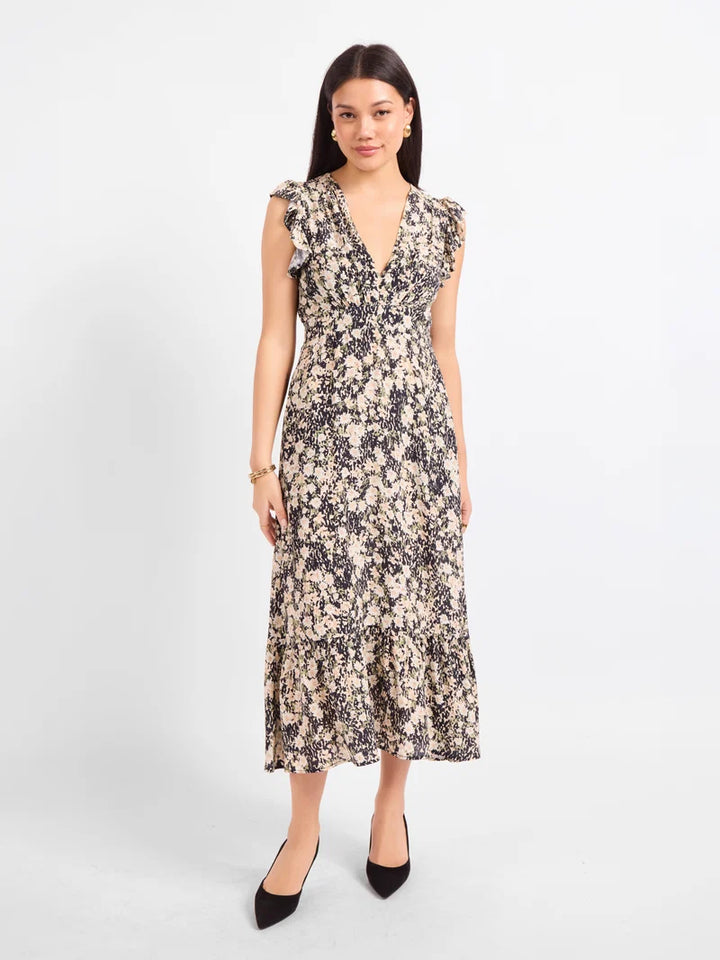 PAINTED FIELDS V NECK MIDI DRESS