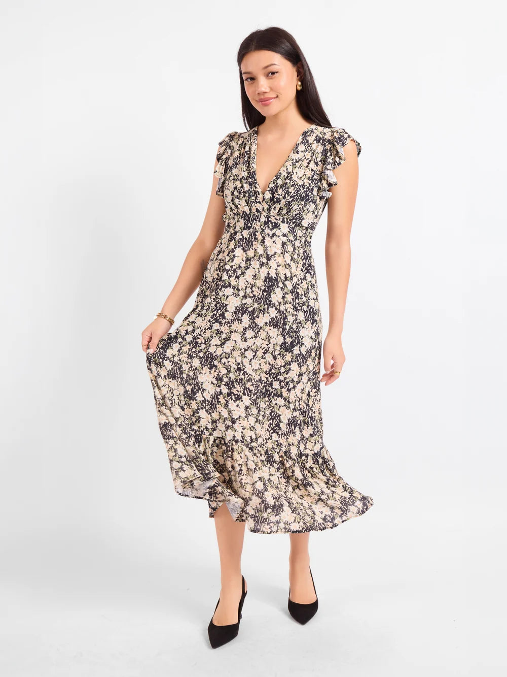 PAINTED FIELDS V NECK MIDI DRESS