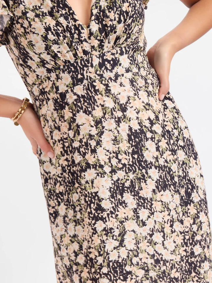 PAINTED FIELDS V NECK MIDI DRESS