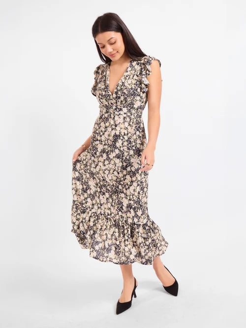 PAINTED FIELDS V NECK MIDI DRESS
