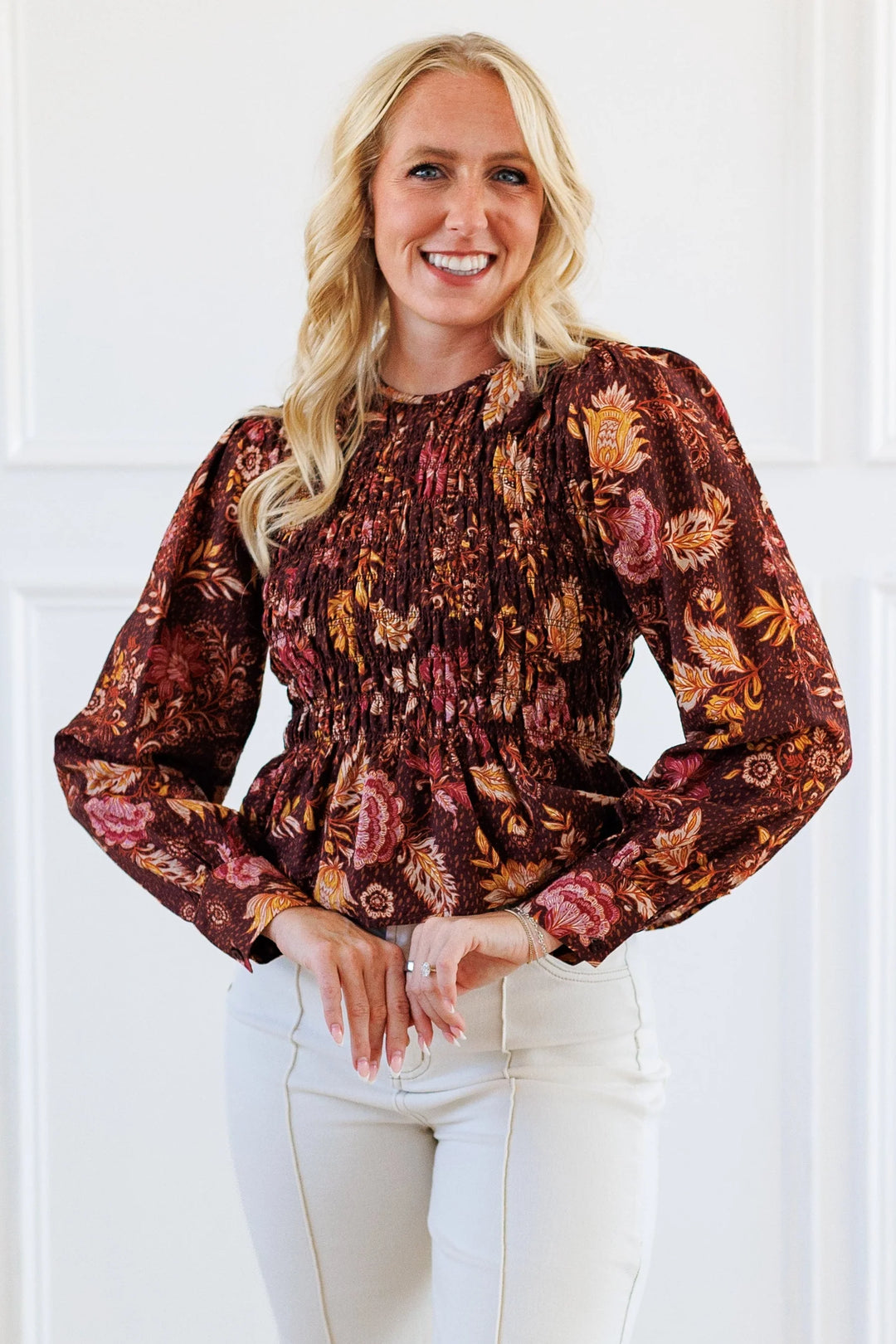 FLORAL PRINT SMOCKED BODICE PEPLUM BLOUSE