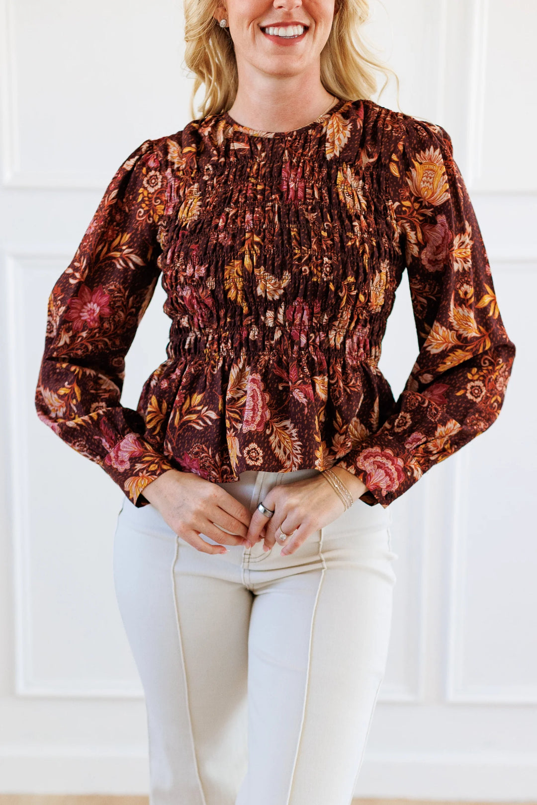FLORAL PRINT SMOCKED BODICE PEPLUM BLOUSE