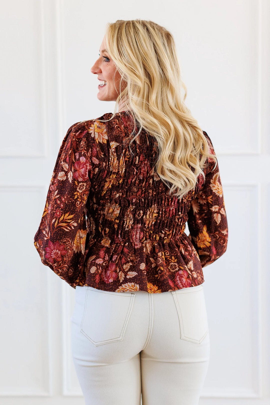 FLORAL PRINT SMOCKED BODICE PEPLUM BLOUSE