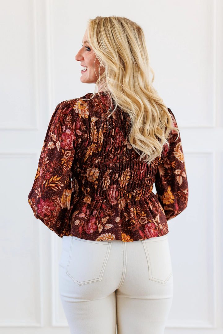FLORAL PRINT SMOCKED BODICE PEPLUM BLOUSE