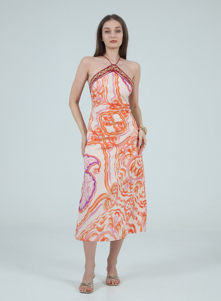 BROOKLYN BORDER PRINTED HALTER NECK MIDI DRESS