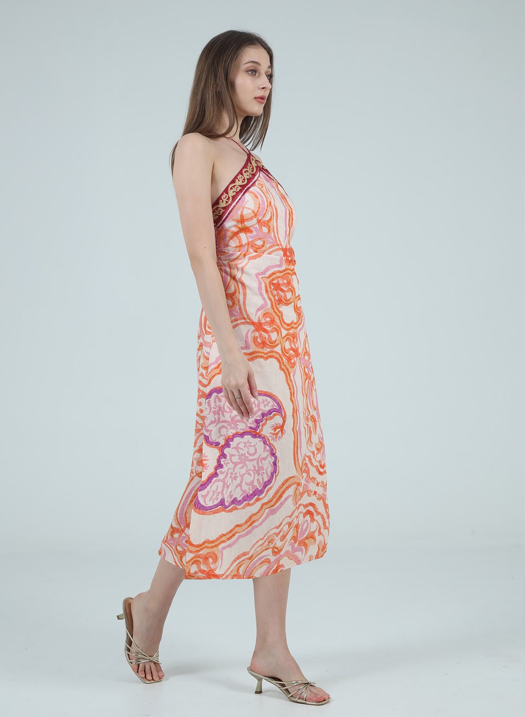 BROOKLYN BORDER PRINTED HALTER NECK MIDI DRESS