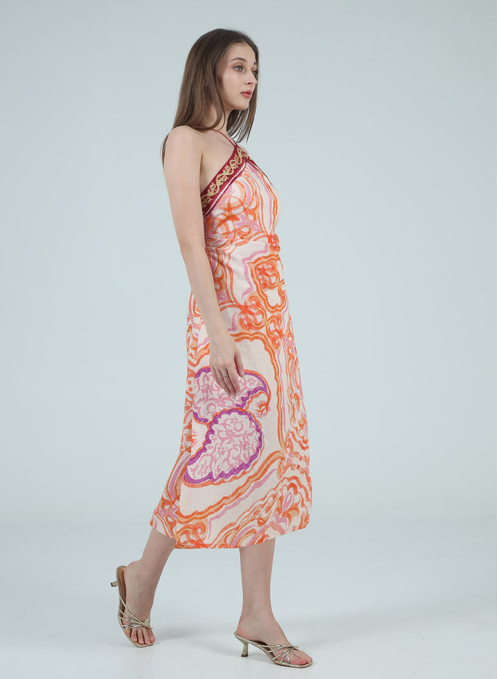 BROOKLYN BORDER PRINTED HALTER NECK MIDI DRESS