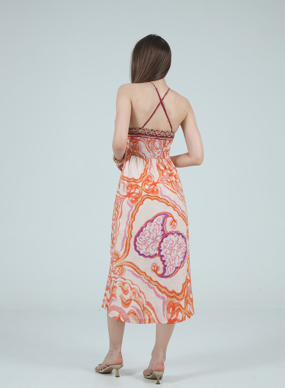 BROOKLYN BORDER PRINTED HALTER NECK MIDI DRESS