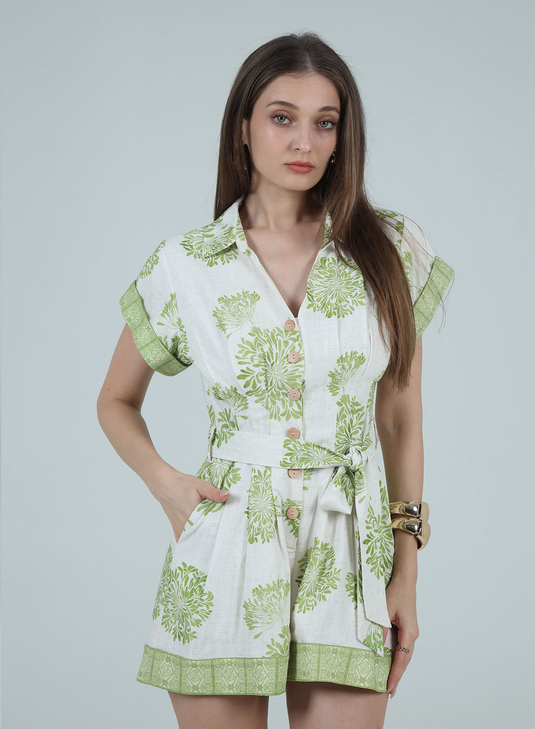 CAMILA PRINTED TIE-WAIST BELT SHORT ROMPER