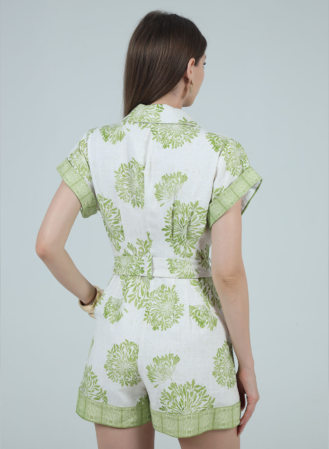 CAMILA PRINTED TIE-WAIST BELT SHORT ROMPER