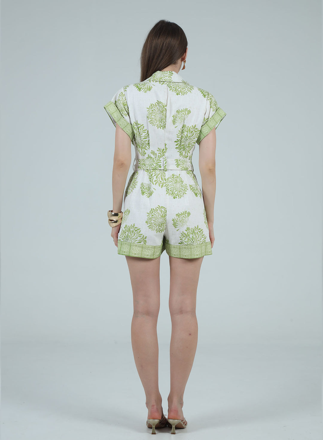 CAMILA PRINTED TIE-WAIST BELT SHORT ROMPER