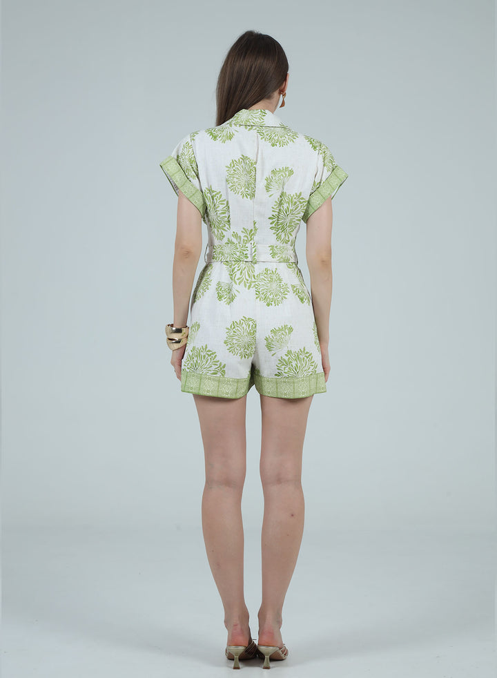CAMILA PRINTED TIE-WAIST BELT SHORT ROMPER