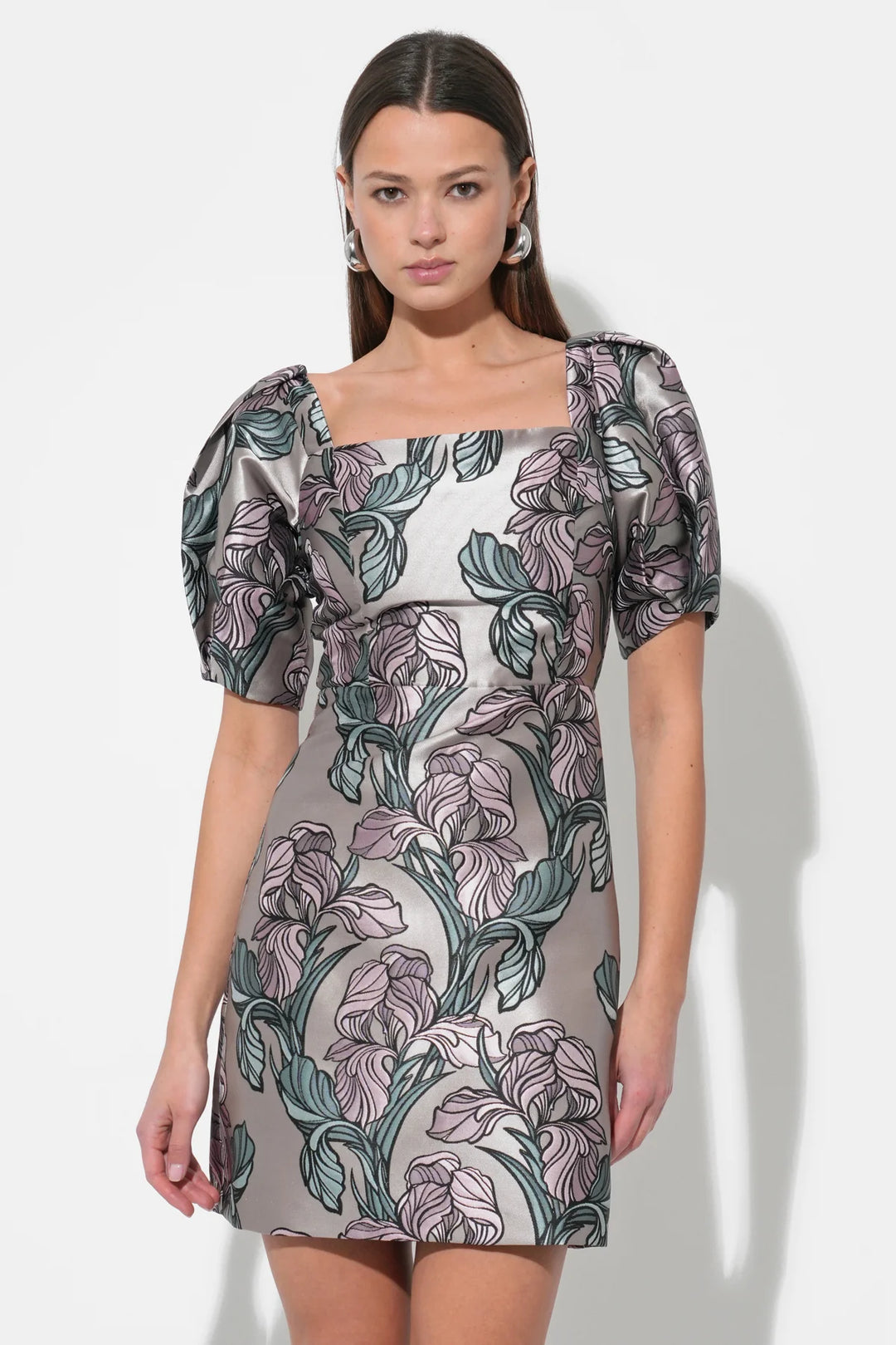 ASTORIA PUFF SLEEVED SQUARE NECK JACQUARD DRESS