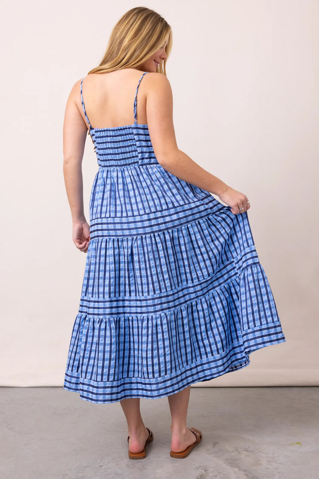 THIN STRAP STRIPED PATTERN TIERED DRESS