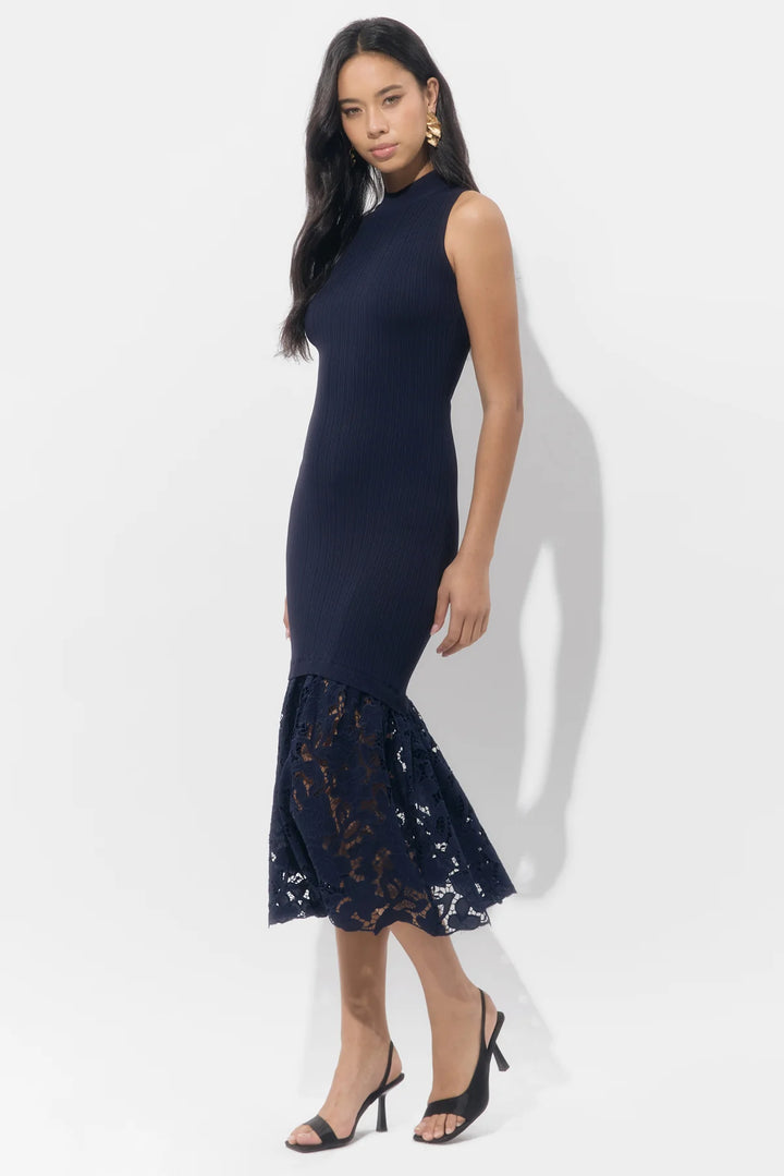 BRIELLE MOCK NECK RIB KNIT LACE MIDI DRESS