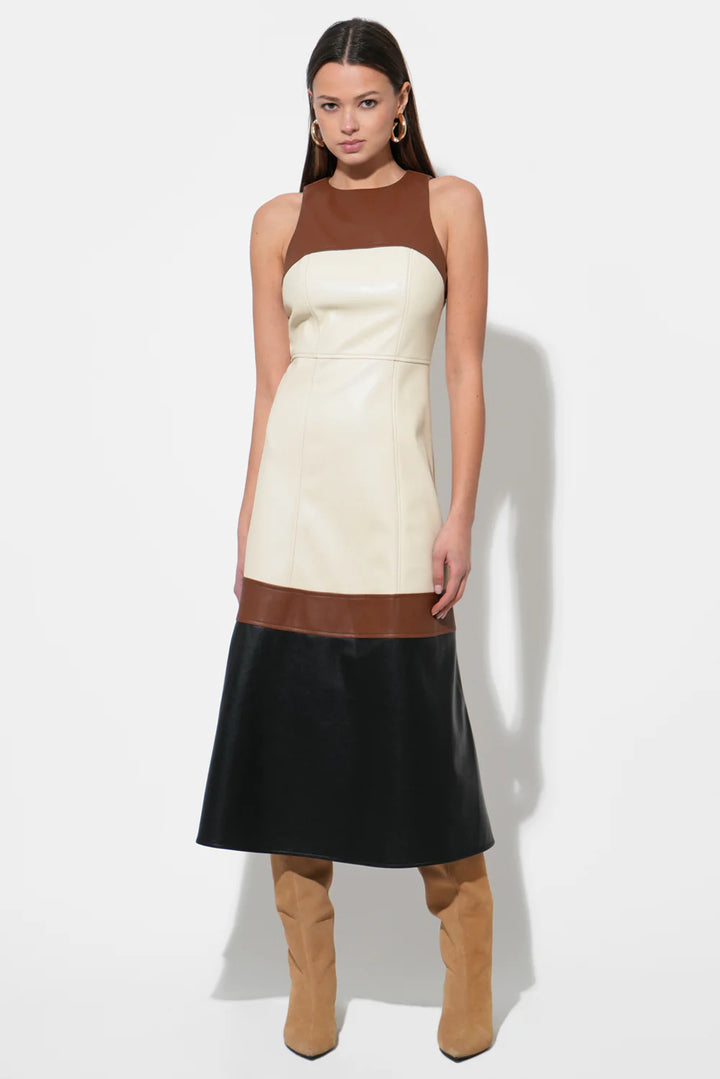 CASPIA VEGAN LEATHER COLORBLOCK MIDI DRESS
