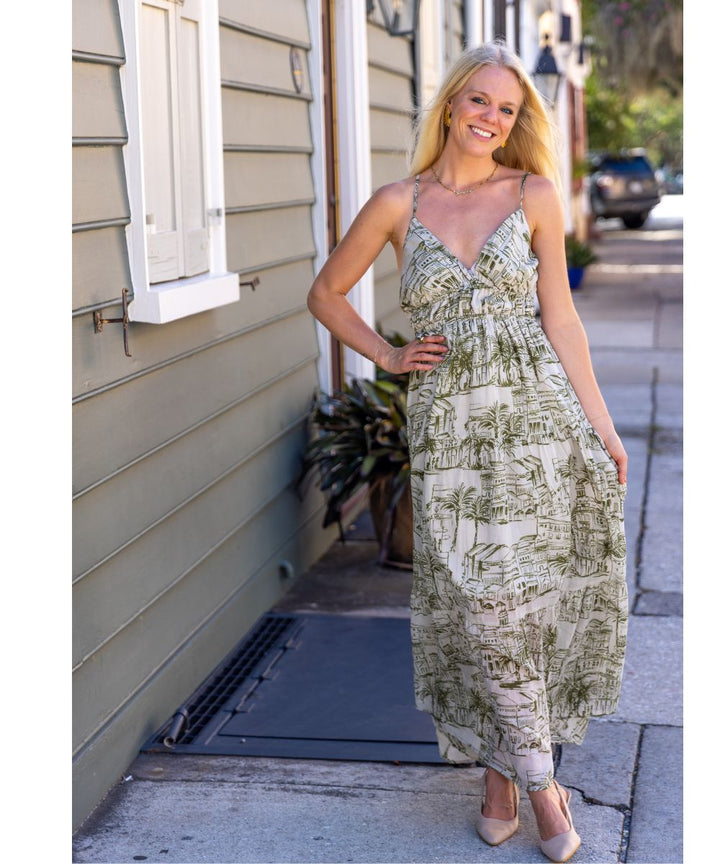 SANTORINI OLIVE SKETCH MAXI DRESS