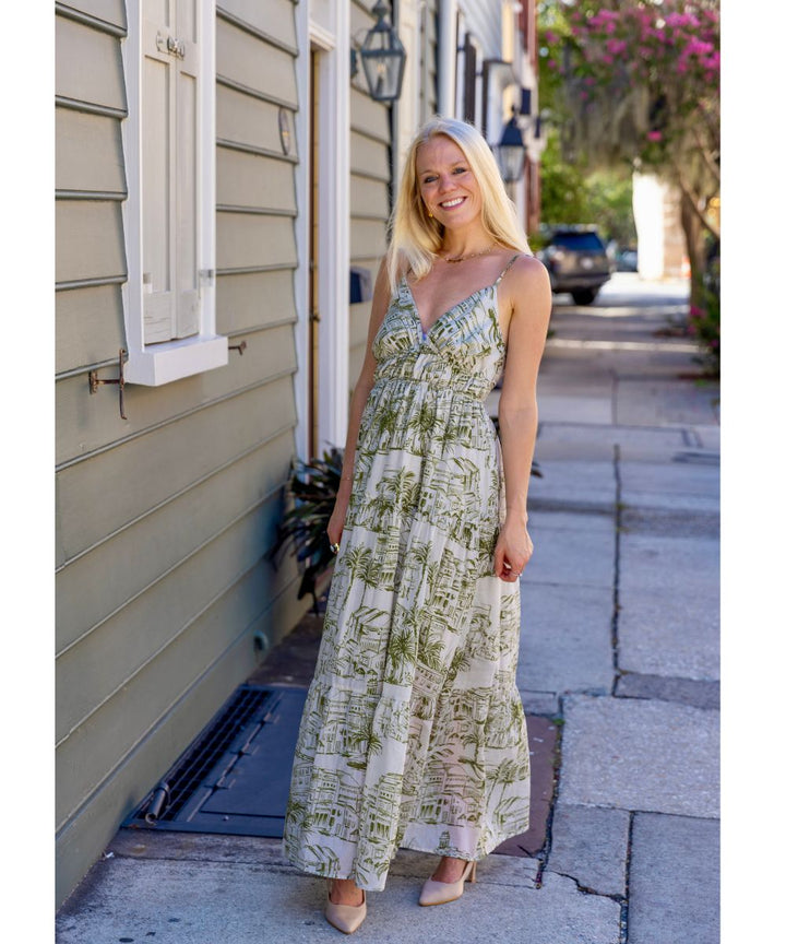 SANTORINI OLIVE SKETCH MAXI DRESS