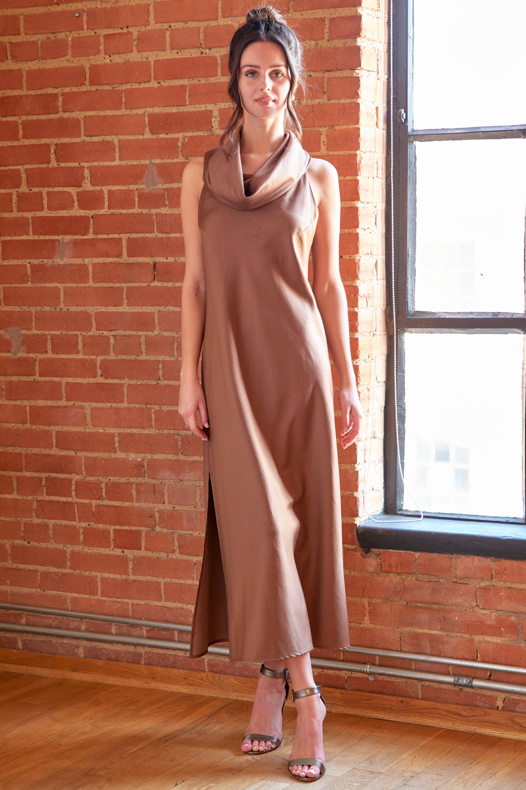 LONG COWL DRESS SUEDED BACK SATIN