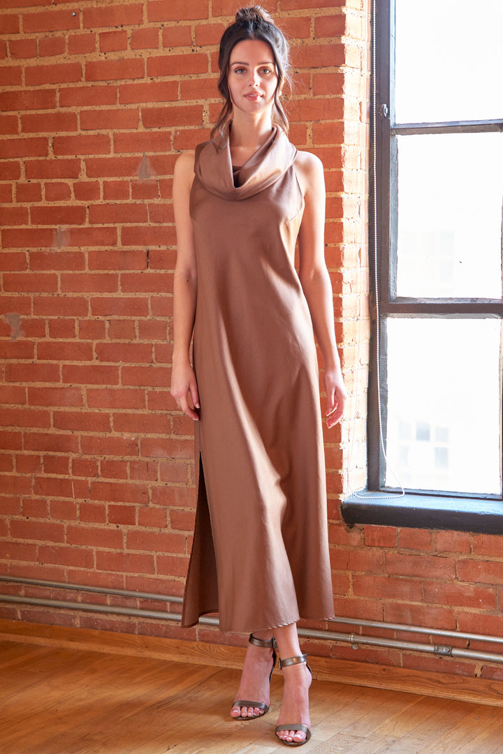 LONG COWL DRESS SUEDED BACK SATIN