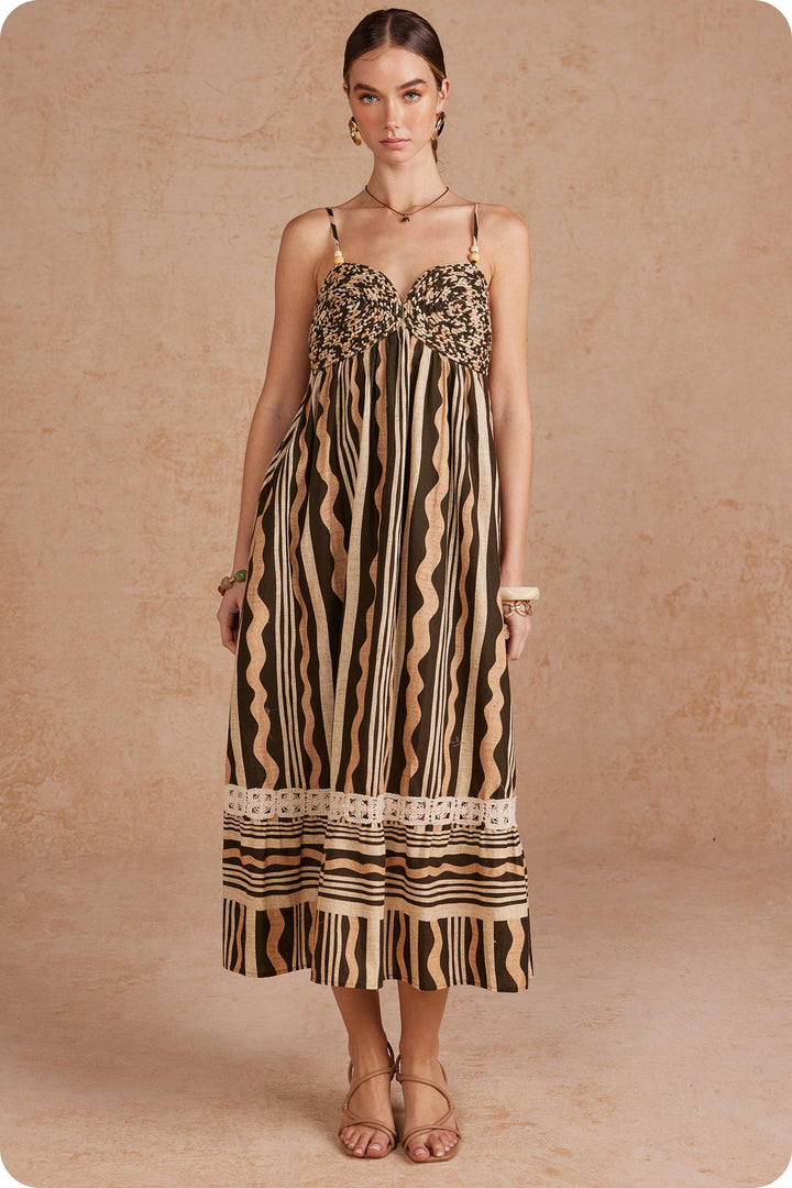 ABSTRACT WAVY STRIPE PRINT BRAIDED BODICE MIDI DRESS