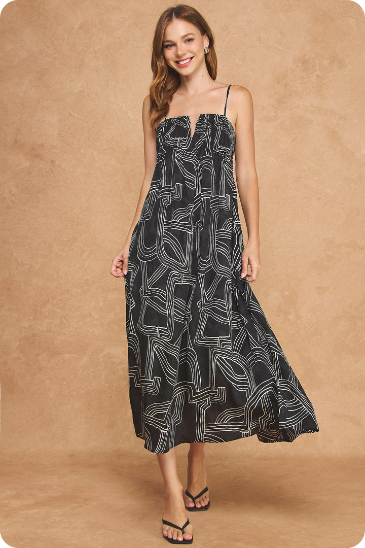 PINTUCK DETAIL PRINT SATIN LONG DRESS