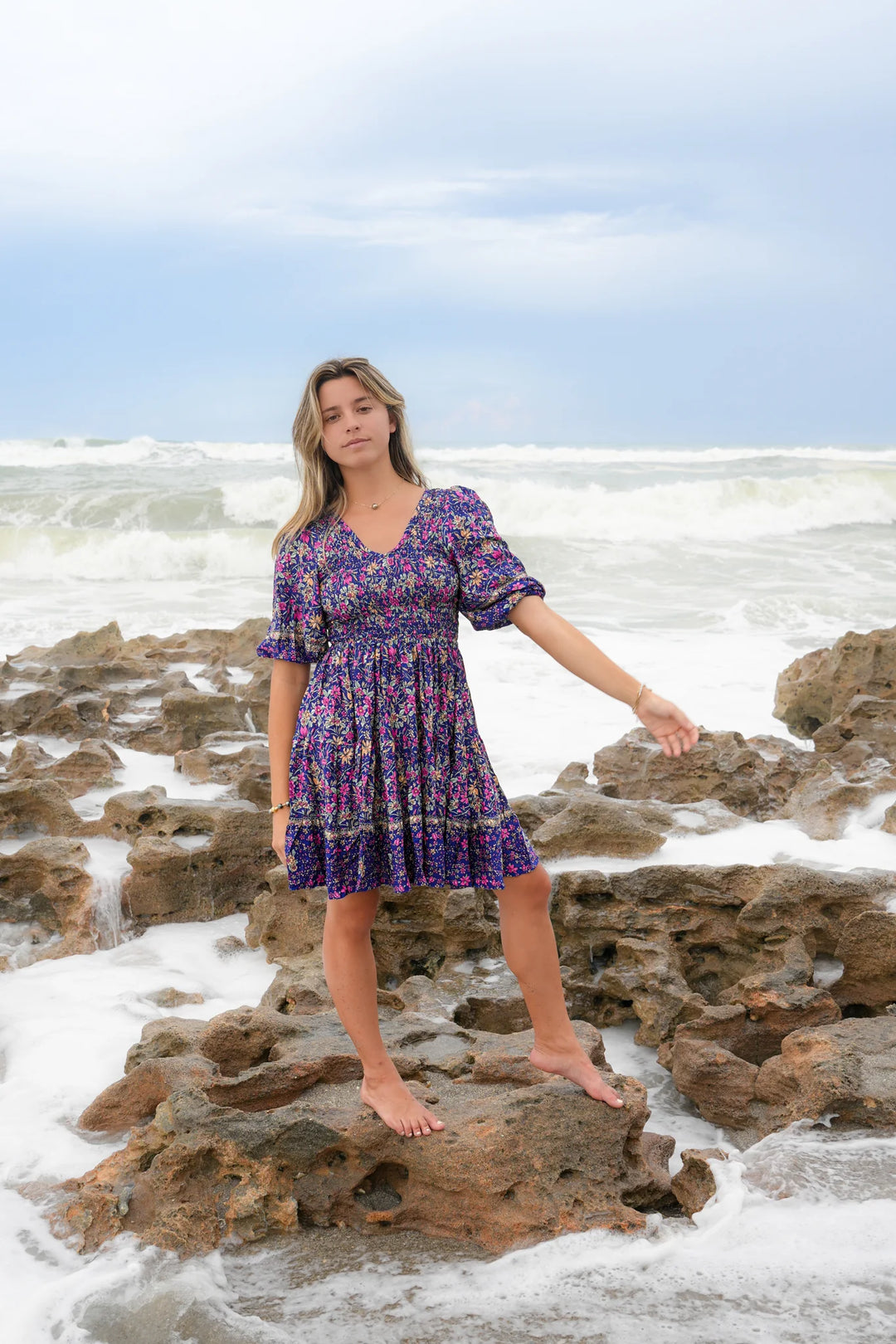 Chloe Smocked Mini Dress in Navy Iris Chloe Smocked Mini Dress in Navy Iris