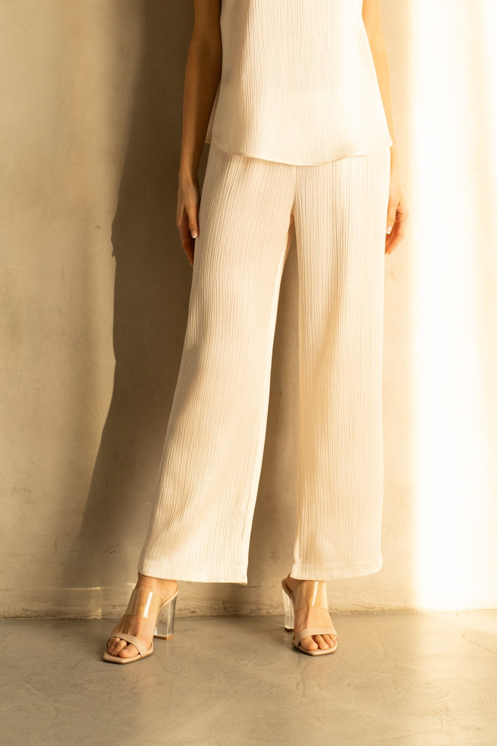 CRINKLE ACETATE MID WIDE LEG PANTS