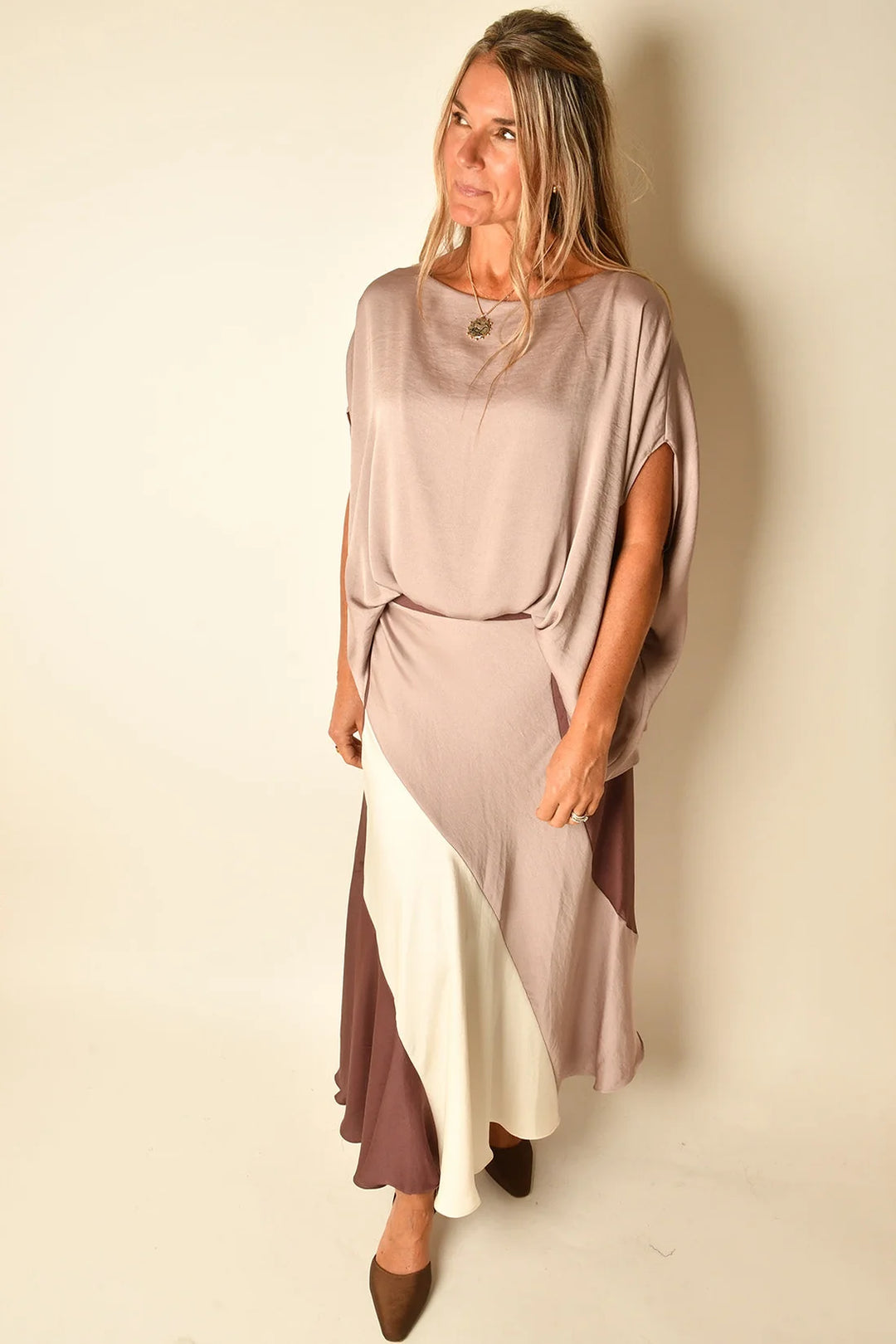 WASHED POLY SILK COLOR BLOCKED MIDI SKIRT