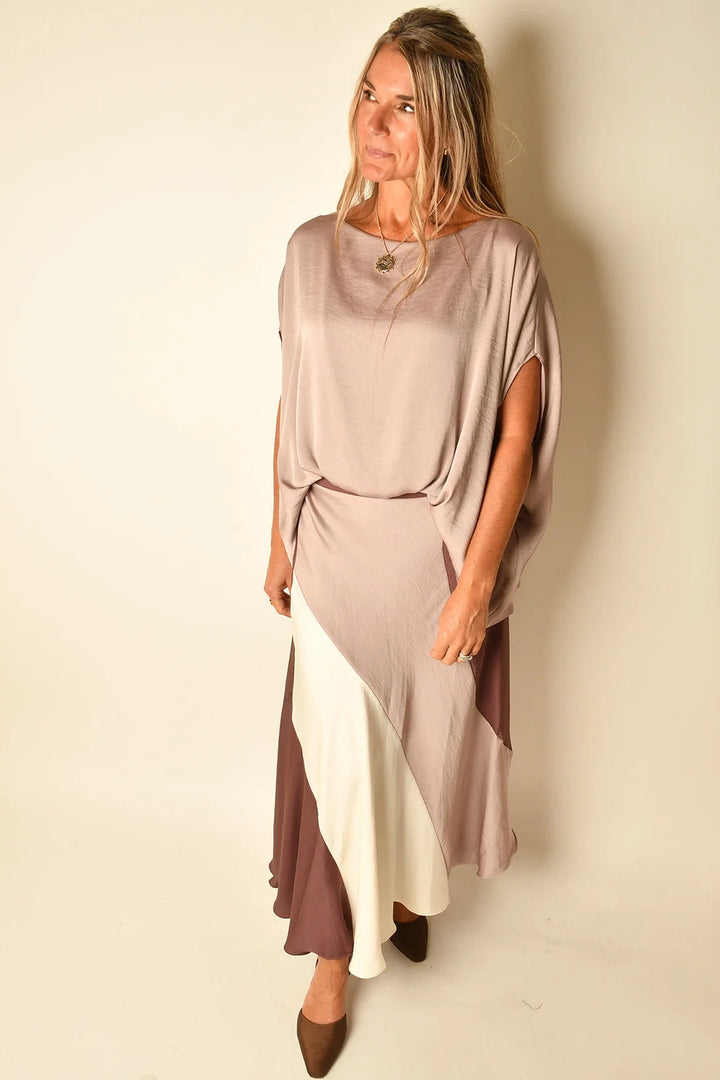 WASHED POLY SILK COLOR BLOCKED MIDI SKIRT