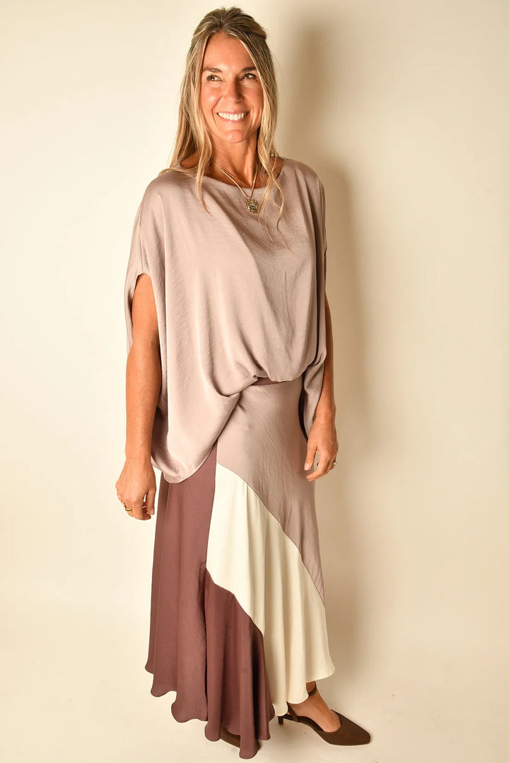 WASHED POLY SILK COLOR BLOCKED MIDI SKIRT