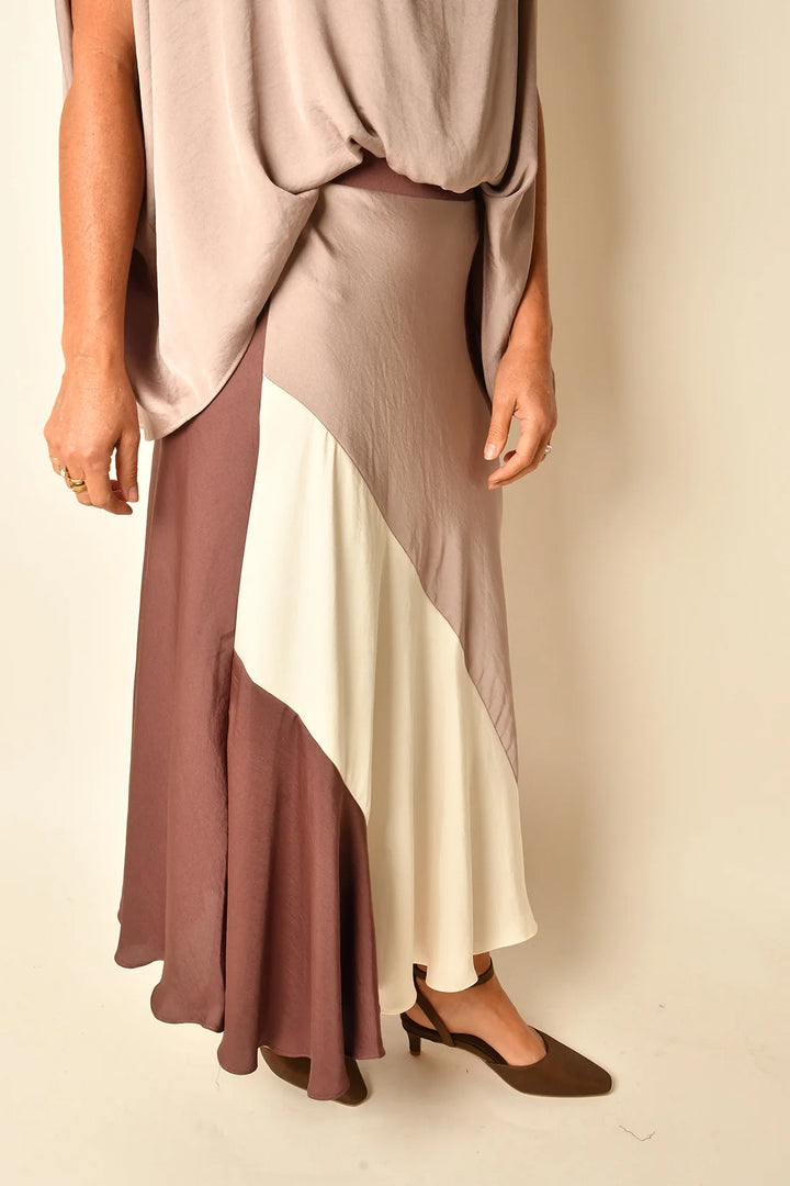 WASHED POLY SILK COLOR BLOCKED MIDI SKIRT