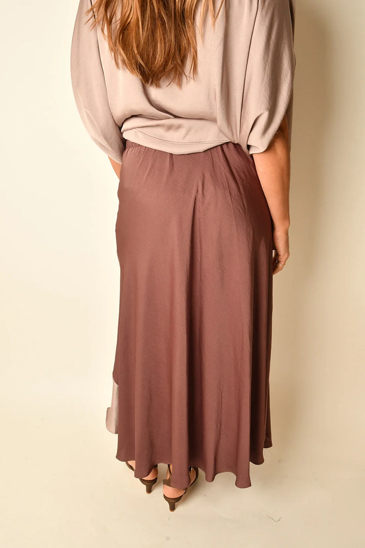 WASHED POLY SILK COLOR BLOCKED MIDI SKIRT