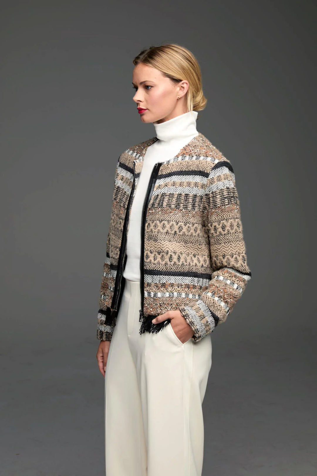 KNIT WEAVING TRIMMED JACKET