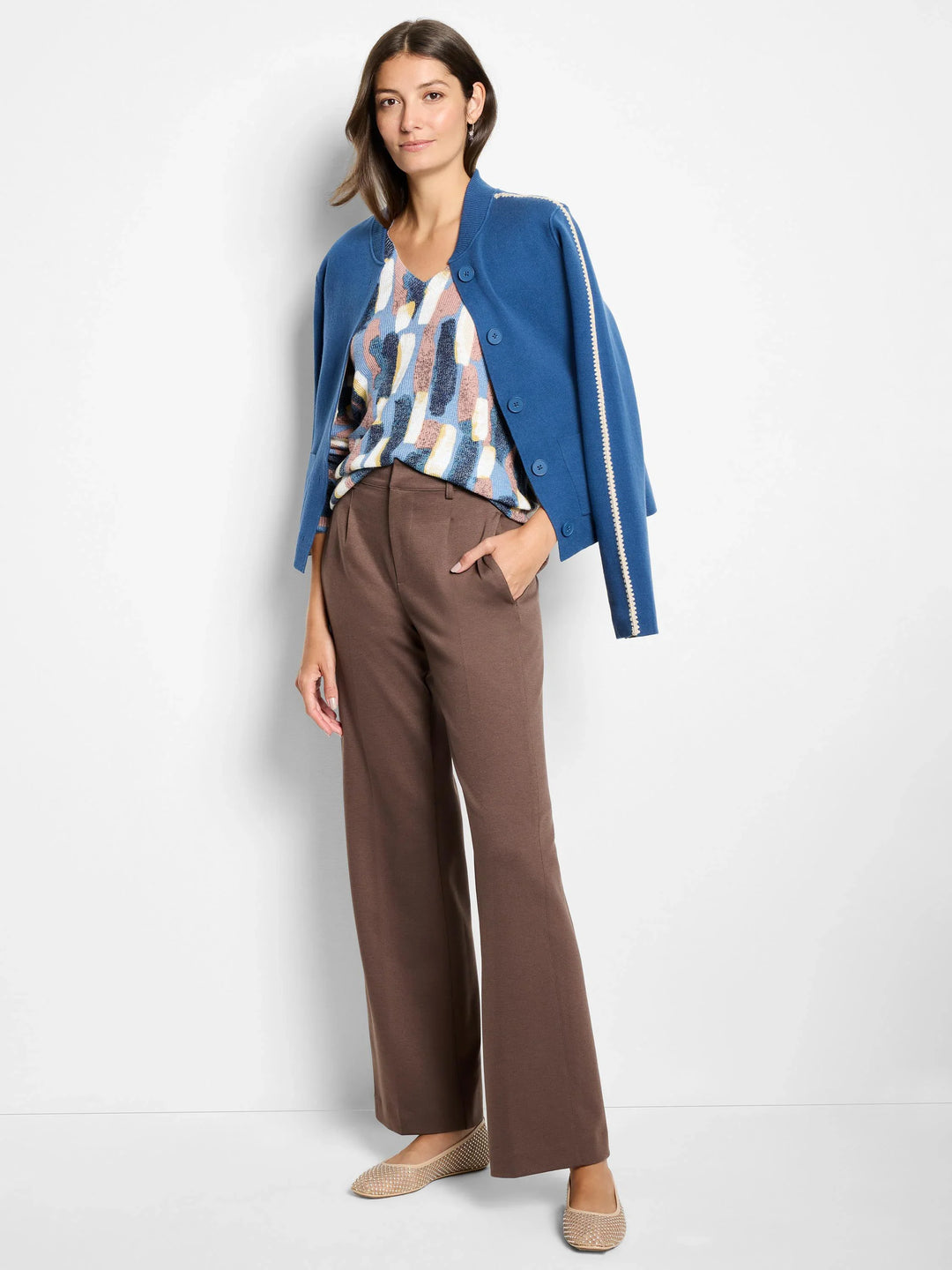 BRUSHSTROKES WAFFLE V NECK SWEATER