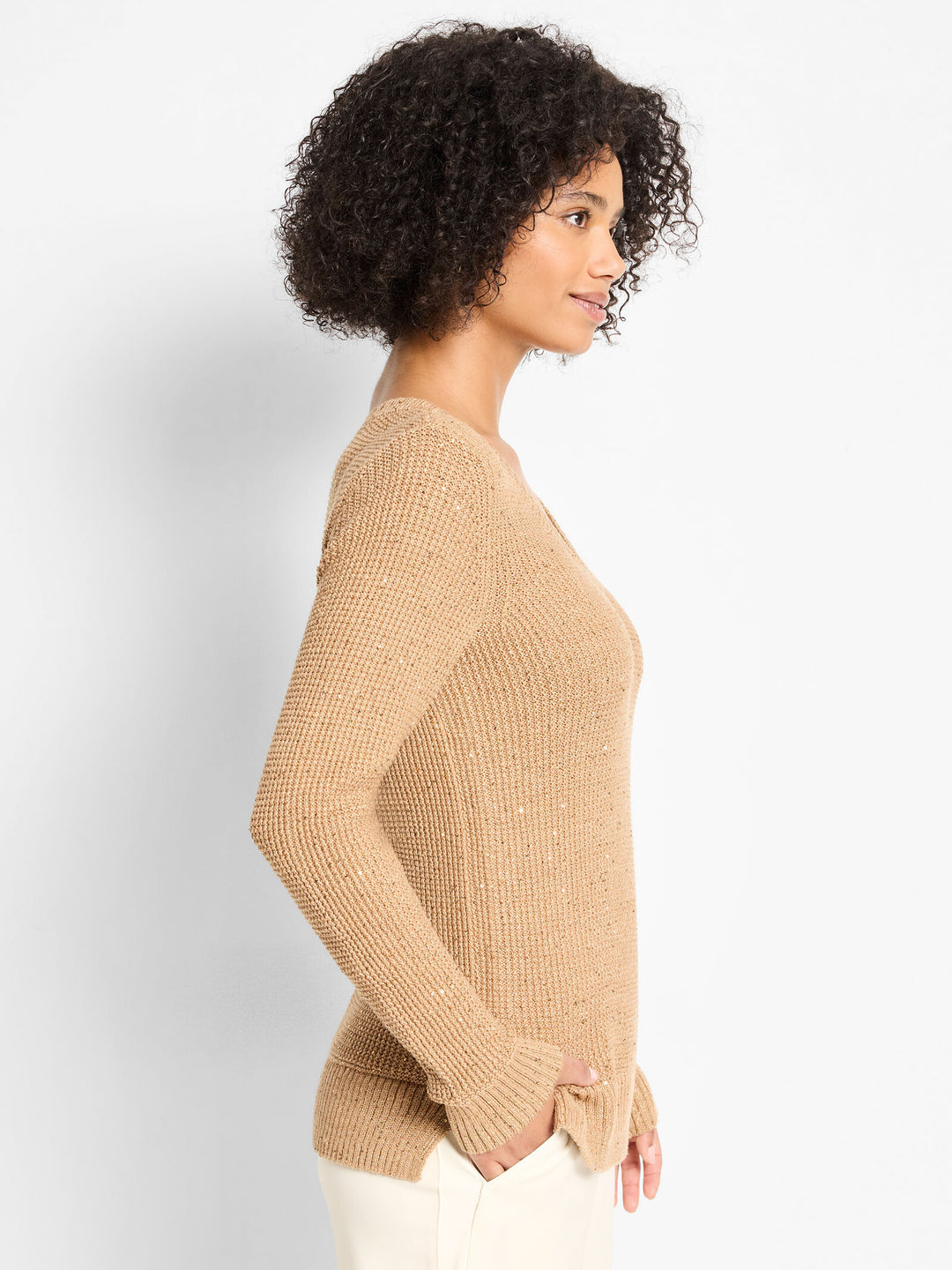 SHIMMER WAFFLE V NECK SWEATER