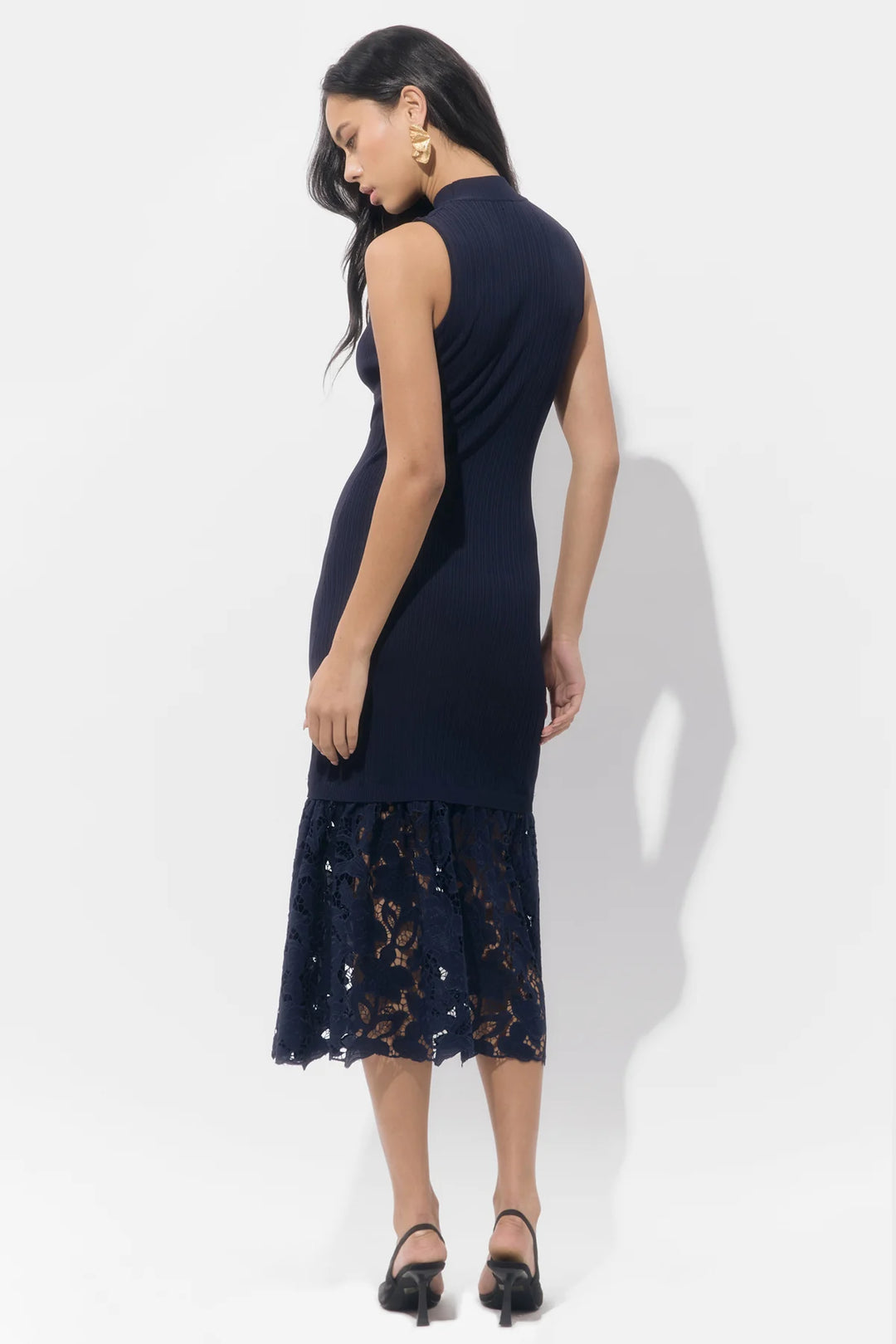 BRIELLE MOCK NECK RIB KNIT LACE MIDI DRESS
