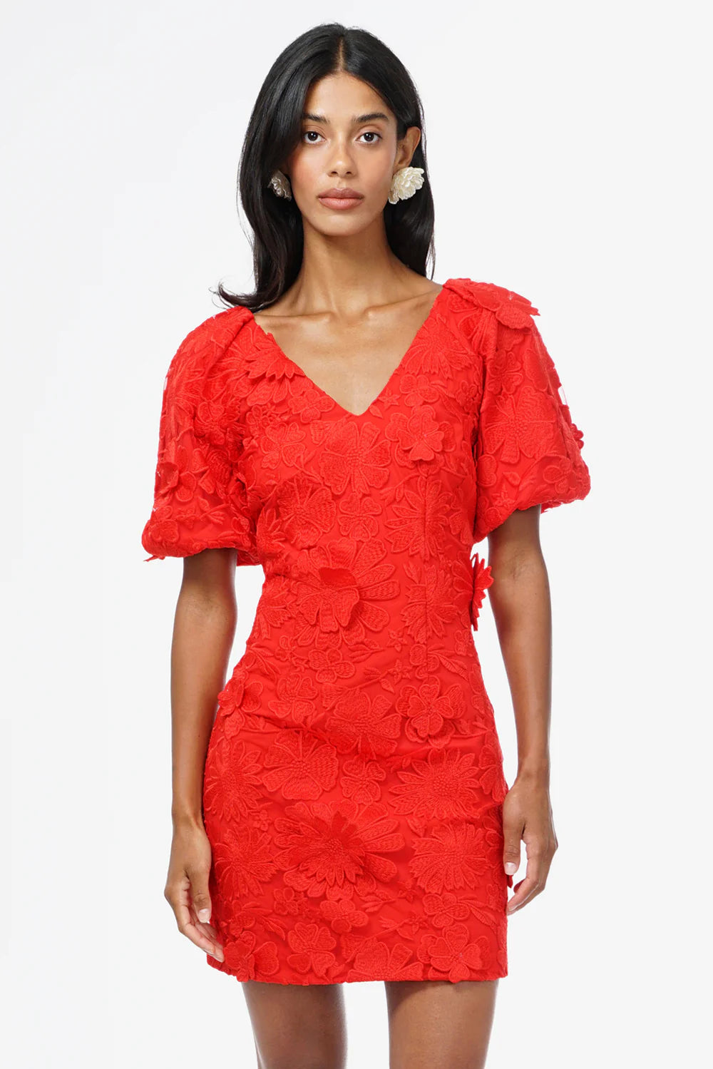 Hustina Puff Sleeve 3D Lace Mini Dress - L / RED Hustina Puff Sleeve 3D Lace Mini Dress - L / RED