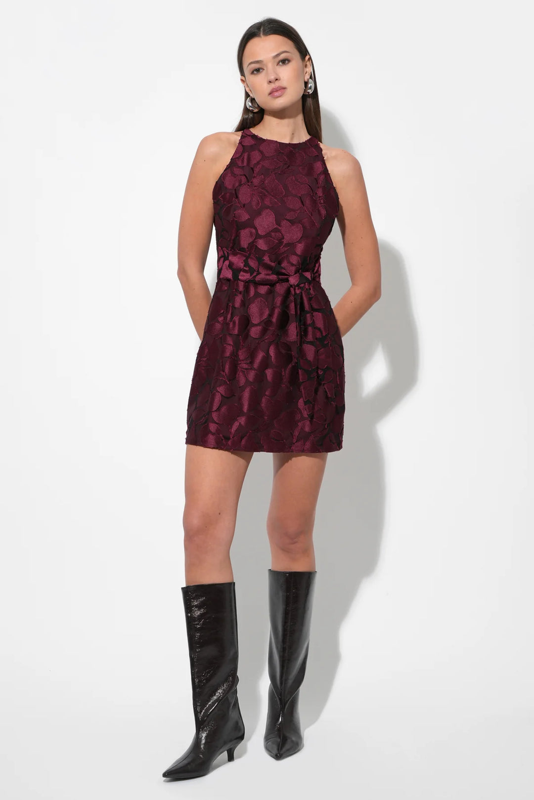 Falini Velvet Burnout Tie Front Mini Dress Falini Velvet Burnout Tie Front Mini Dress