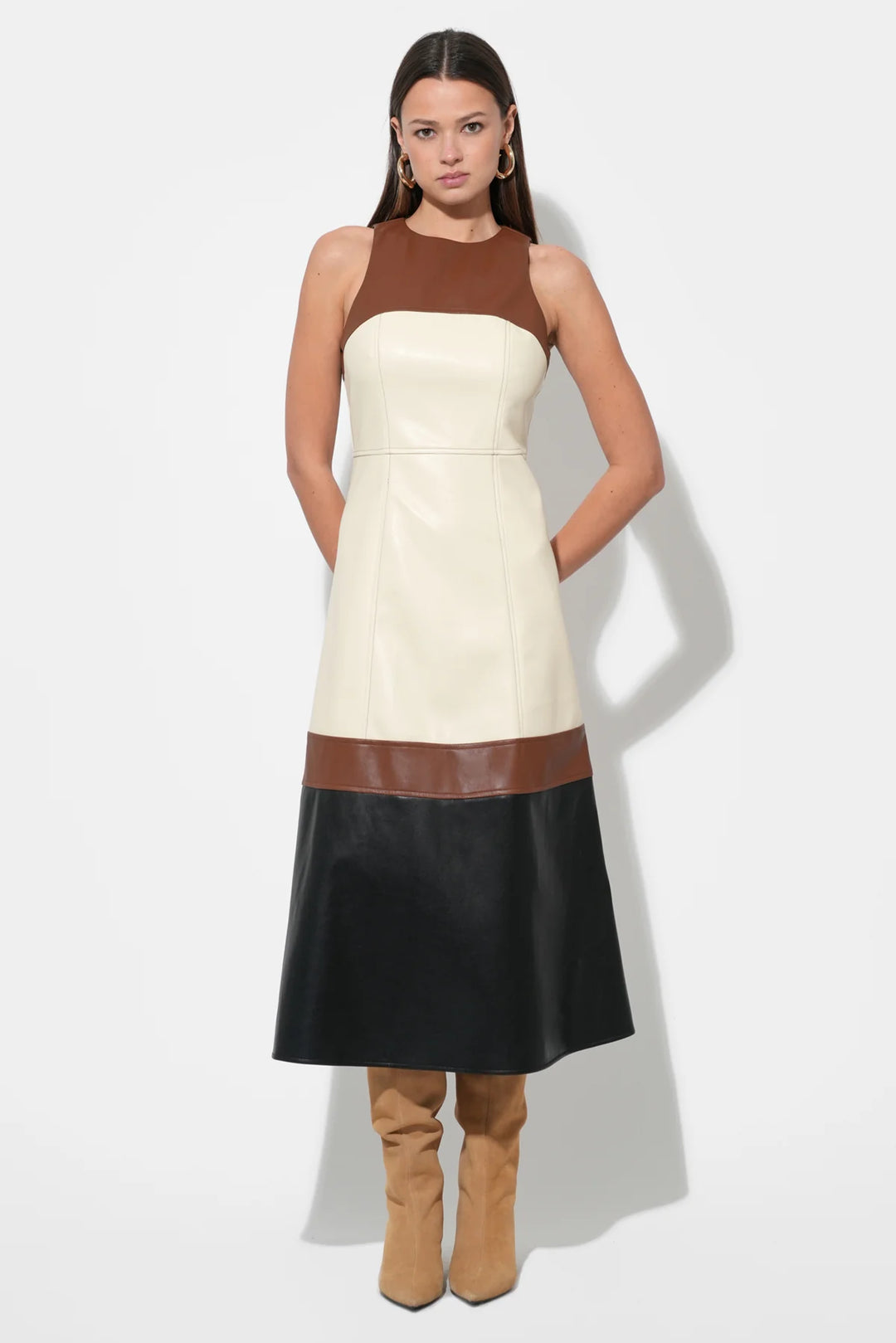 CASPIA VEGAN LEATHER COLORBLOCK MIDI DRESS