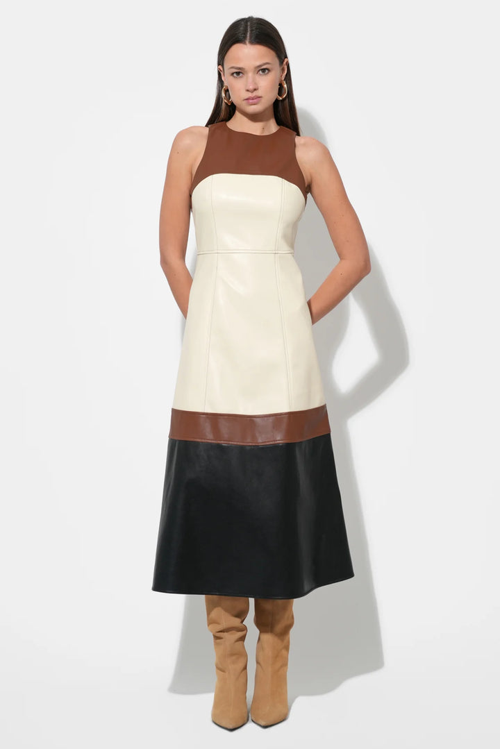 CASPIA VEGAN LEATHER COLORBLOCK MIDI DRESS