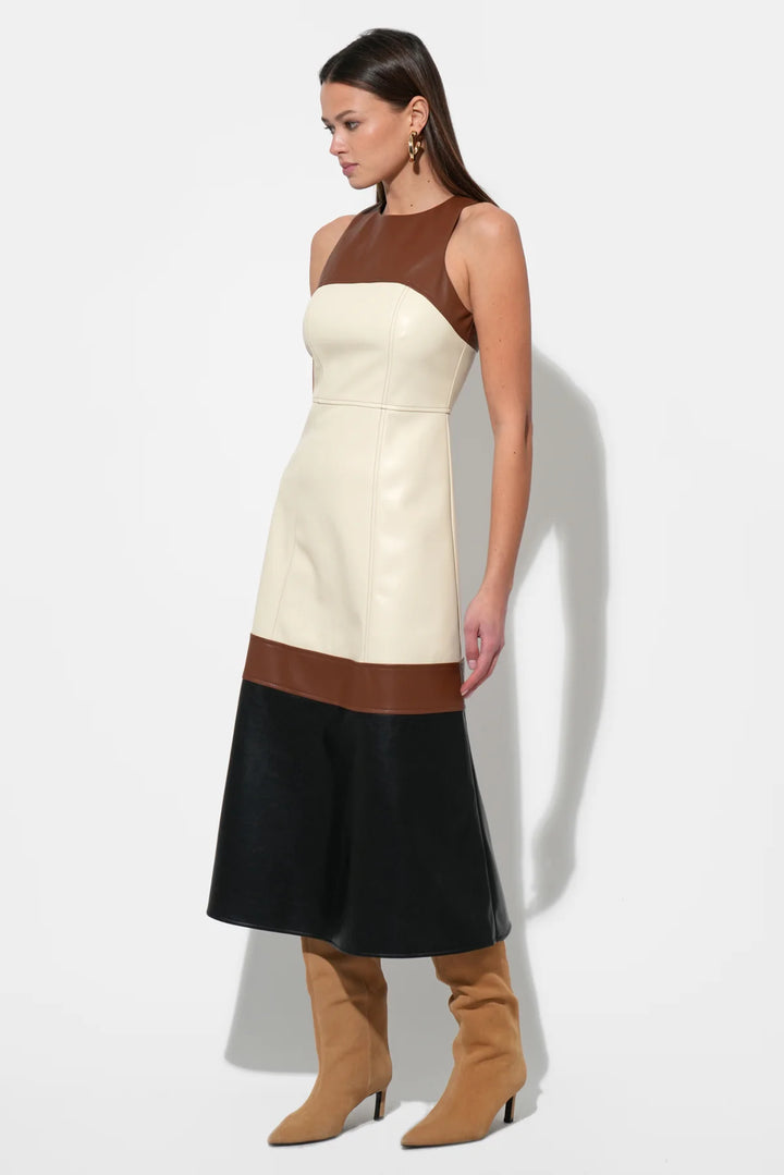 CASPIA VEGAN LEATHER COLORBLOCK MIDI DRESS