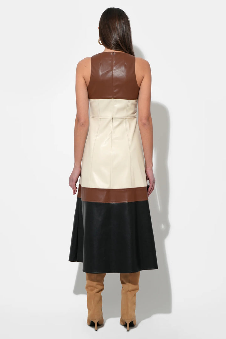 CASPIA VEGAN LEATHER COLORBLOCK MIDI DRESS