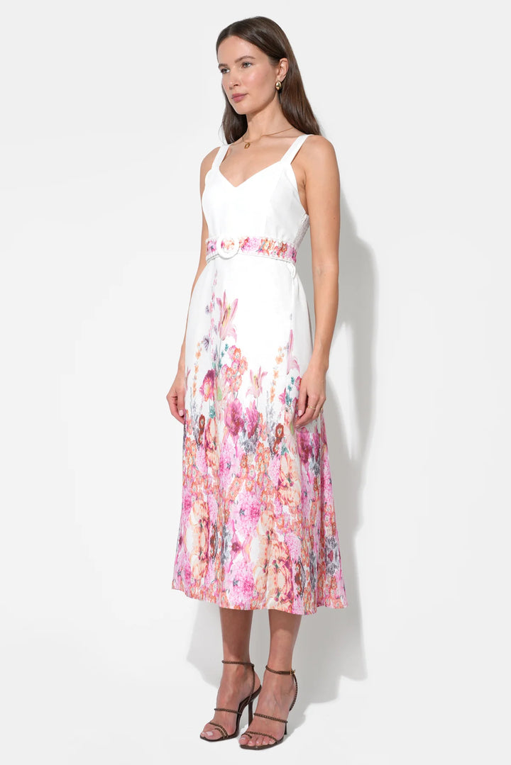 REMI V-NECK FLORAL PLACEMENT MIDI DRESS
