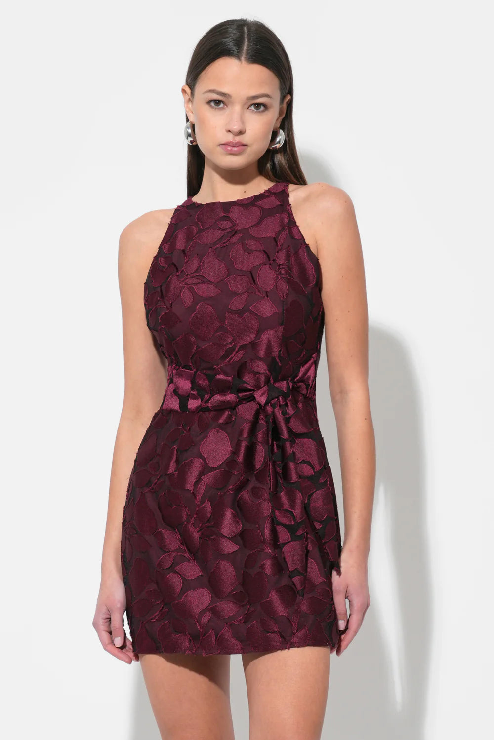 FALINI VELVET BURNOUT TIE FRONT MINI DRESS