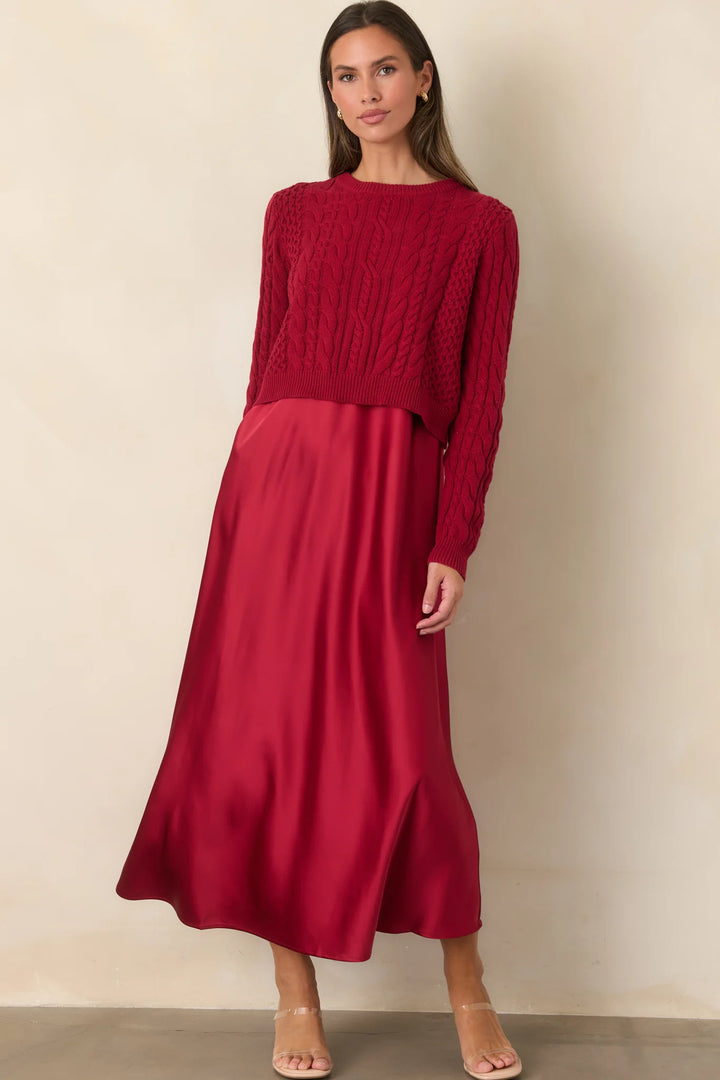 SATIN MIDI DRESS &amp; CABLE KNIT SWEATER SET